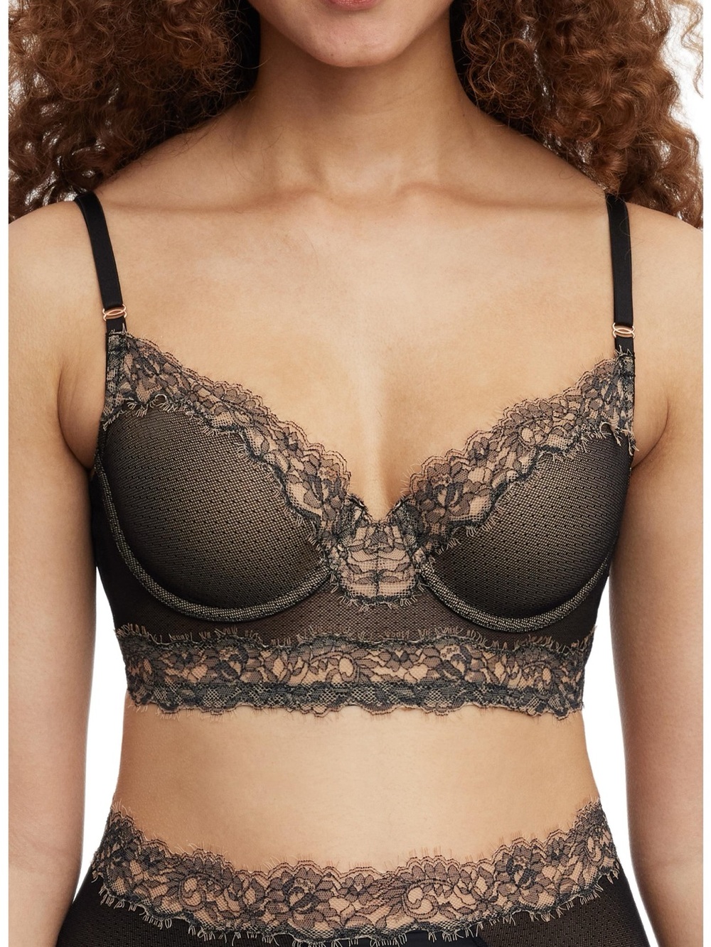 nwt Skarlett Blue Black Lace Longline 34C Bra with Scalloped polka dot bralette